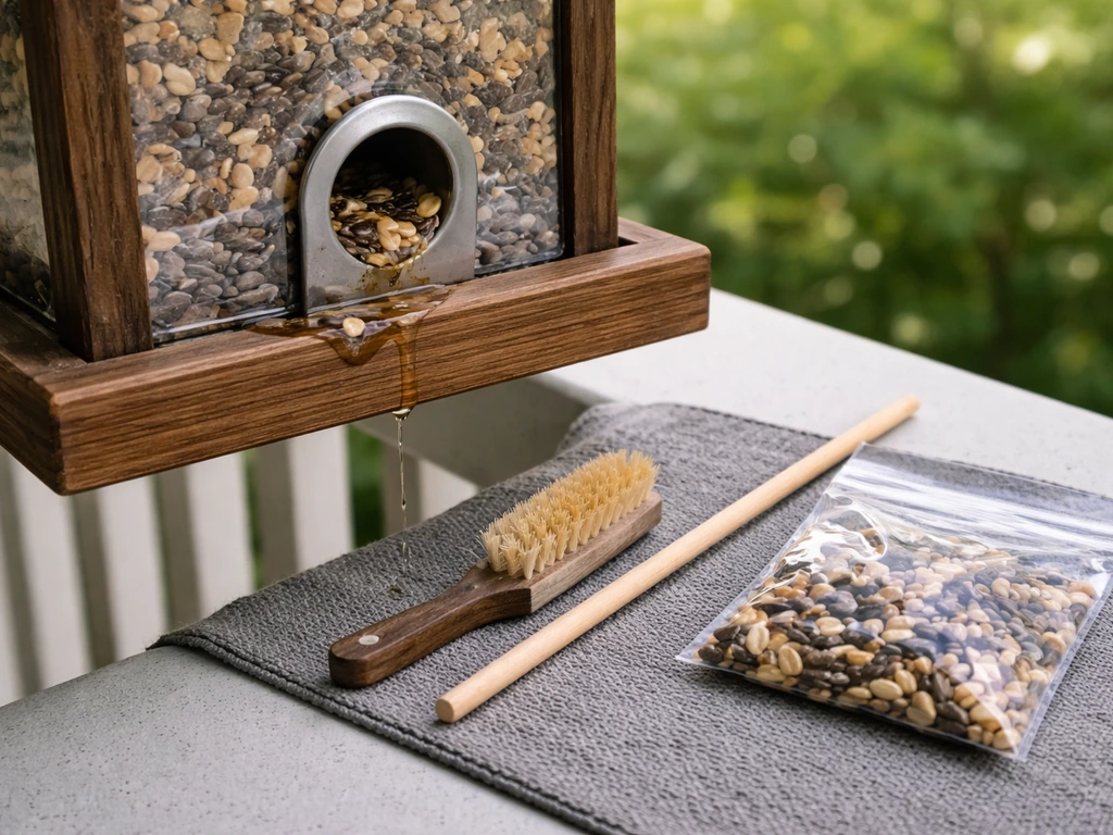 Close-up of a bird feeder showing a small clog or leak, with a brush and zip bag for quick fixes.