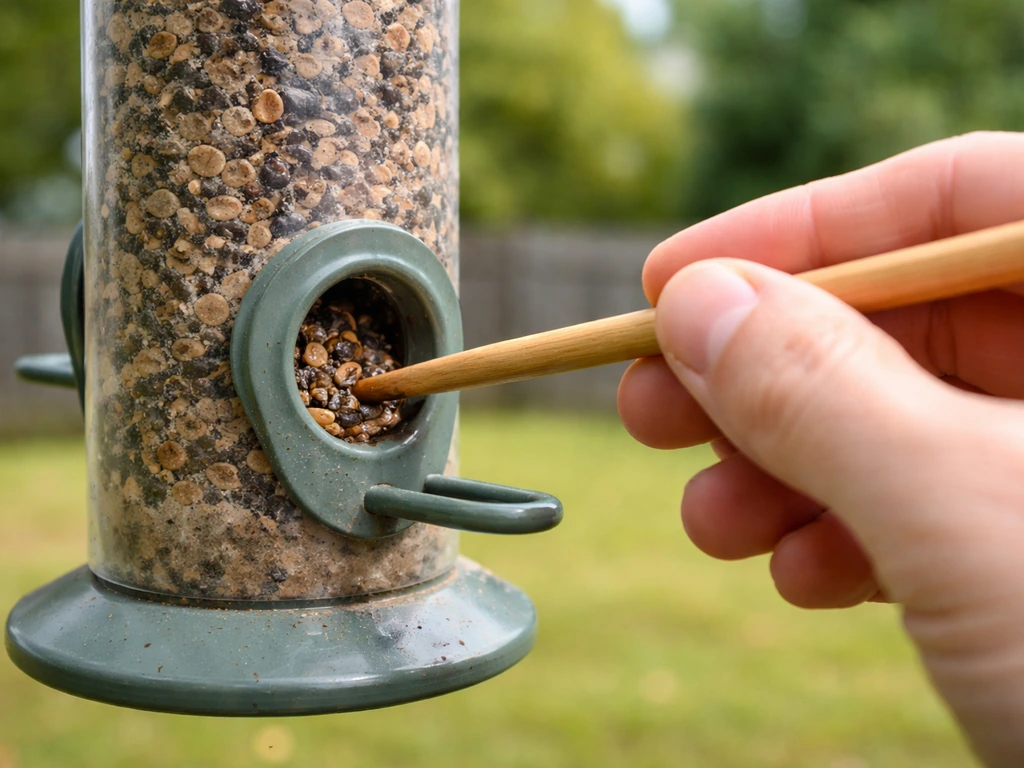 Close-up of a hand using a chopstick to clear compacted seed from a bird feeder port opening.