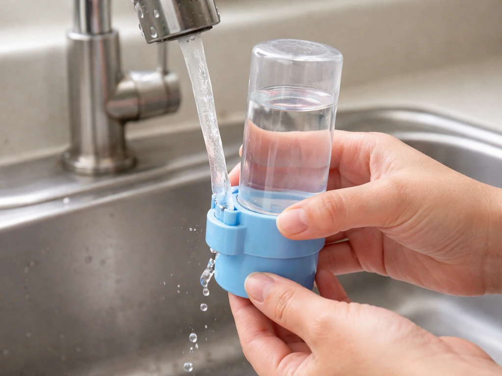 Person tests a small water feeder over a sink, watching a seam for drips during leak inspection.