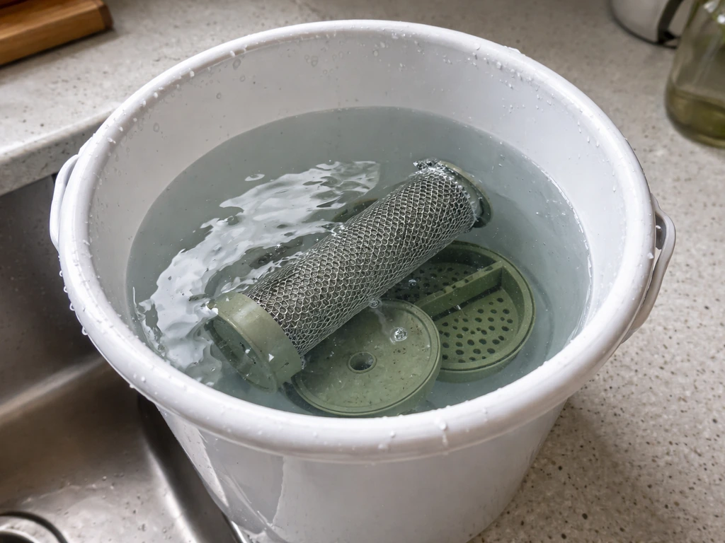 Bird feeder parts soaking in a bleach-water solution in a simple bucket for cleaning.