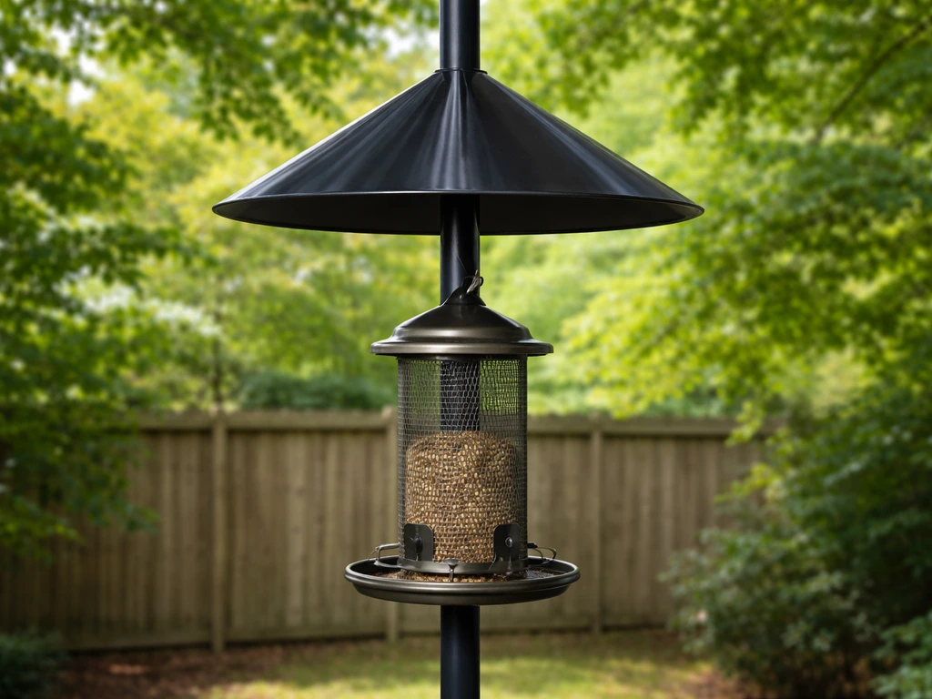 Metal pole-mounted bird feeder with a cylindrical squirrel baffle above it, outdoors in daylight.