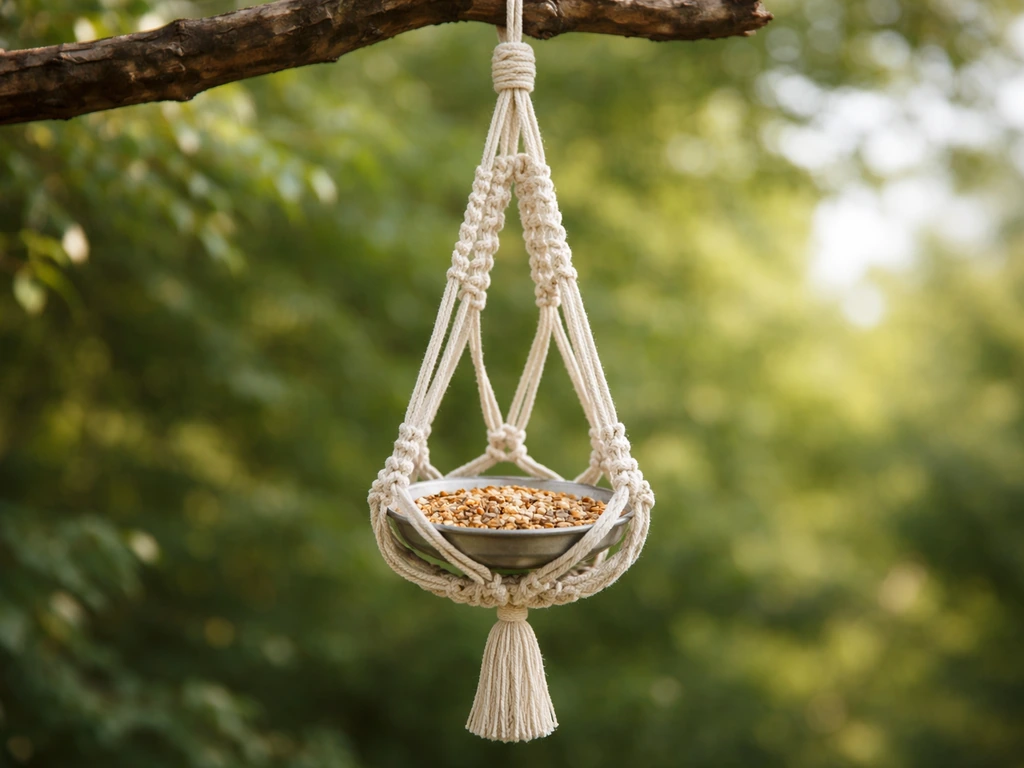 Finished macrame bird feeder hanging from a tree branch outdoors, cradle and seed container clearly visible.