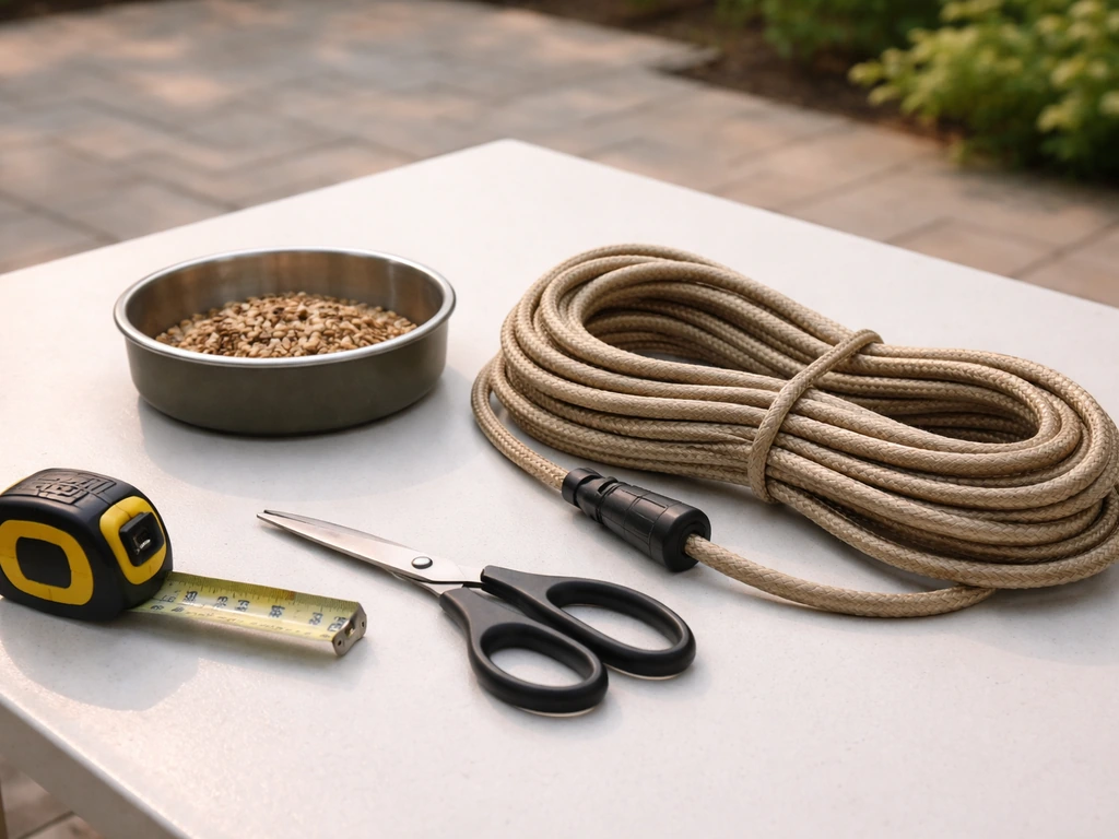 Outdoor-rated synthetic cord and feeder dish on a table with a measuring tape and scissors