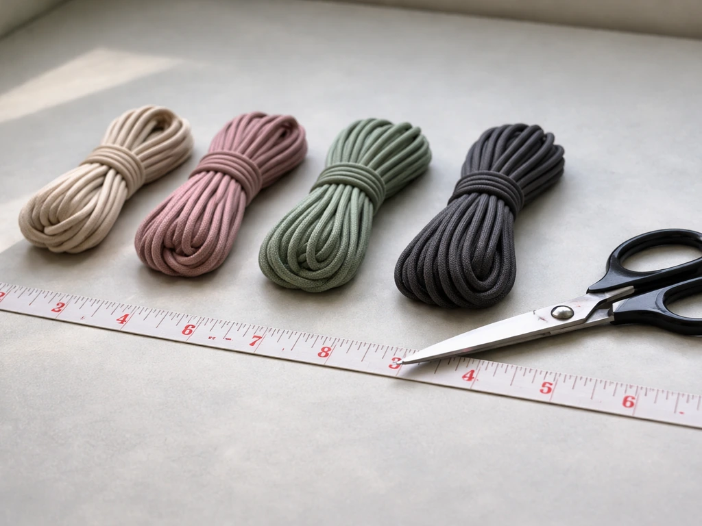 Close-up of folded cords being measured and cut to equal lengths on a clean work surface