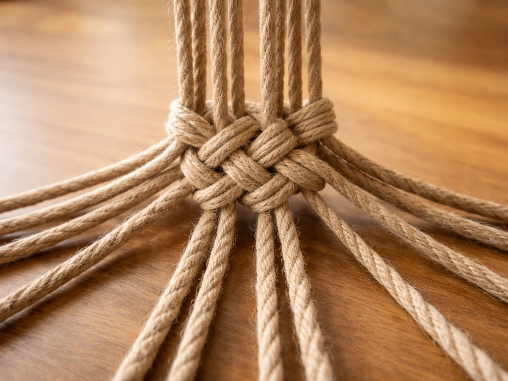 Close-up of four pairs of braided strands woven into a tight basket-weave pattern with knots secured.