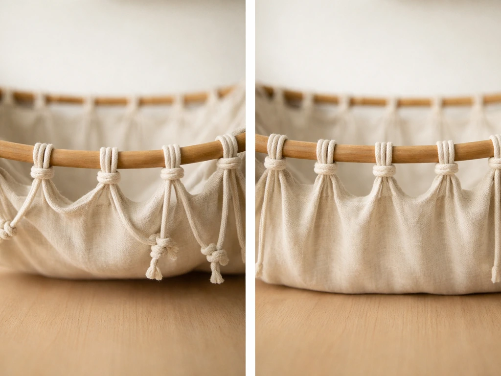 Two close-up views of a tied fabric cradle: one sagging from uneven tension, one corrected with snug even knots.