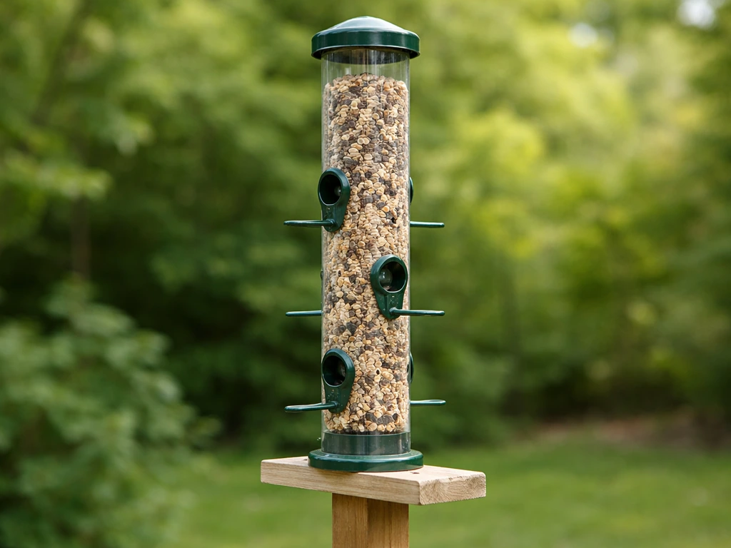 DIY tube bird feeder with perches and feeding ports mounted outdoors in natural light.
