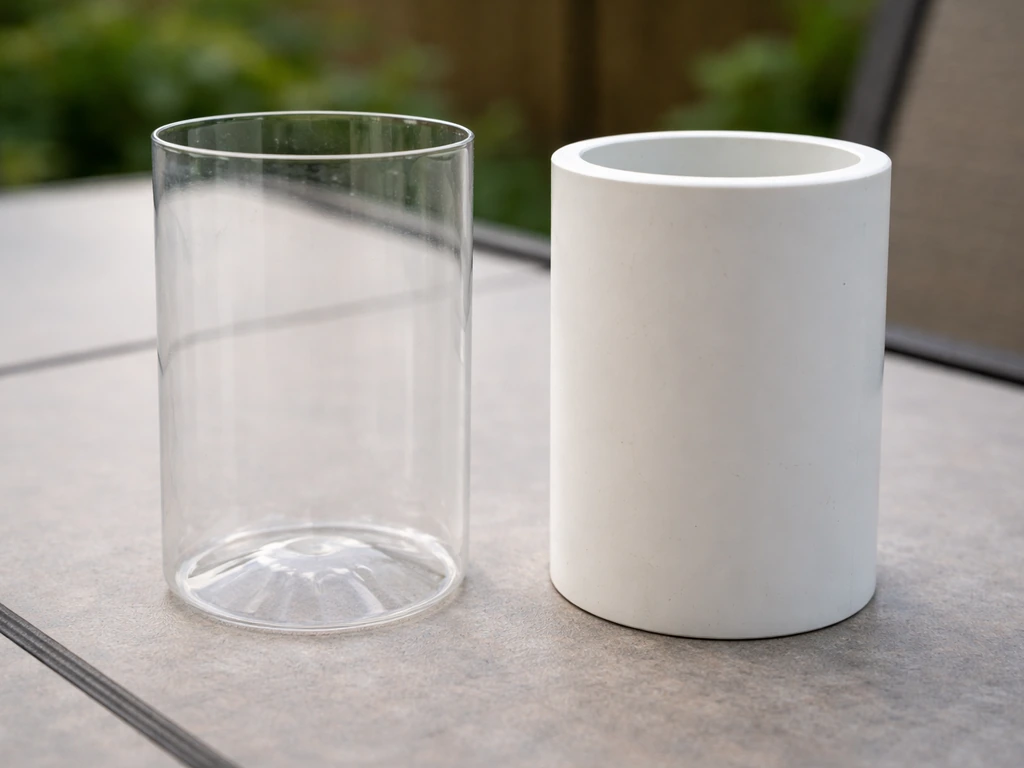 Close-up of two simple tube feeders—transparent plastic bottle and sturdy PVC pipe—side by side on a table.