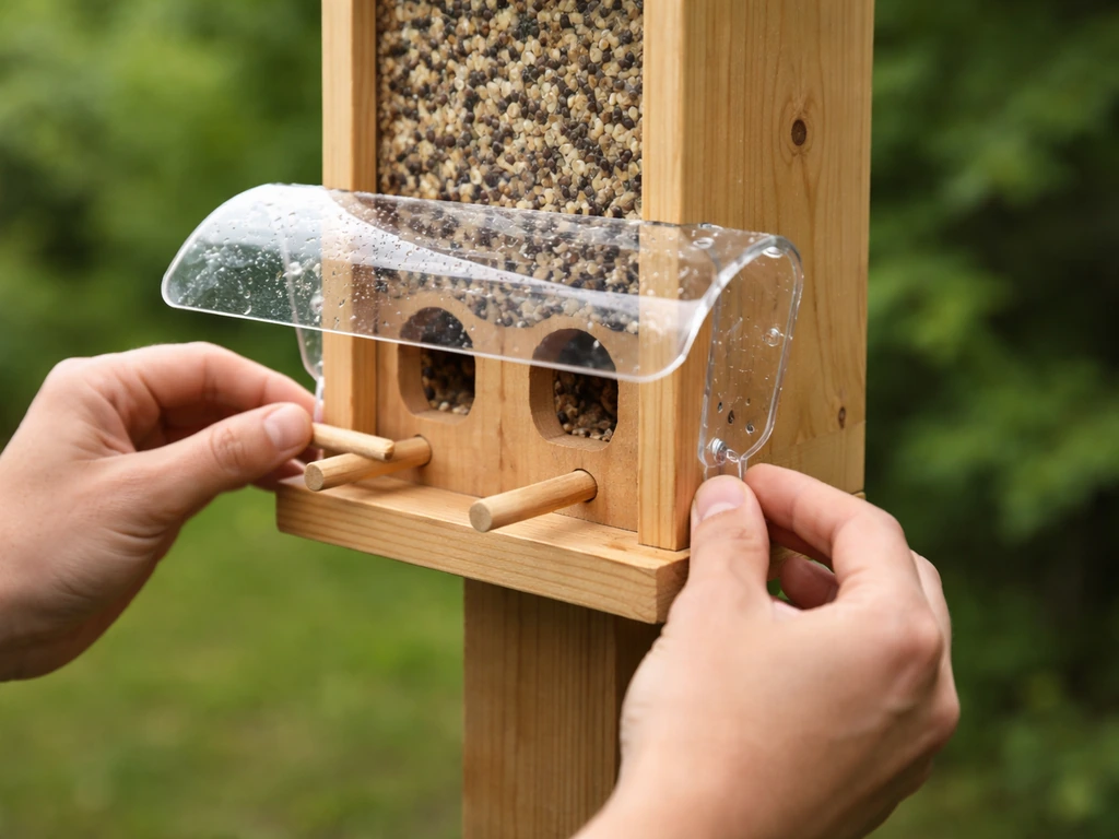 Close-up of a bird feeder with attached perches and a weather-guard around feeding ports
