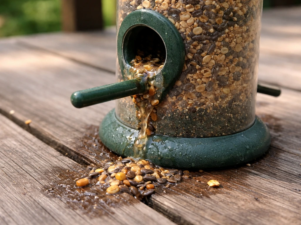 Close-up of a bird feeder leaking wet seed from a port seam onto the deck.
