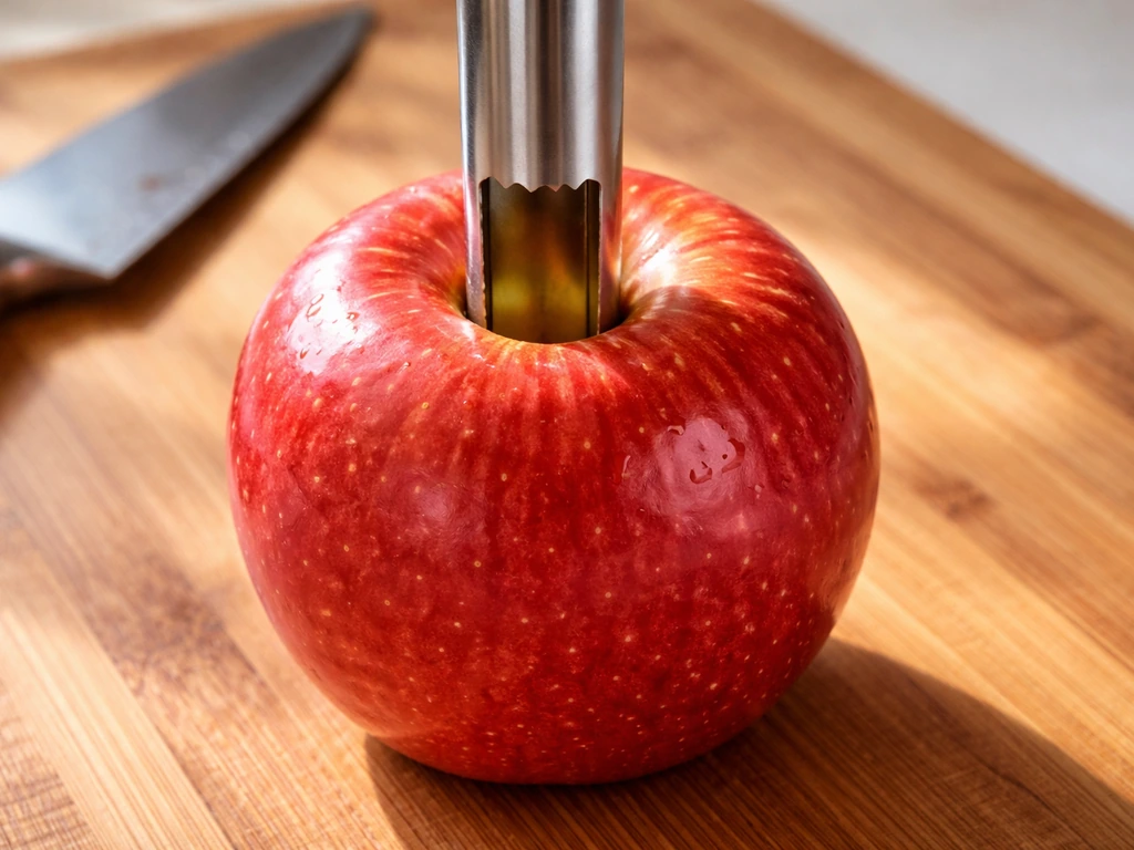 Close-up of an apple being cored straight through with a corer, with knife nearby on a cutting board.