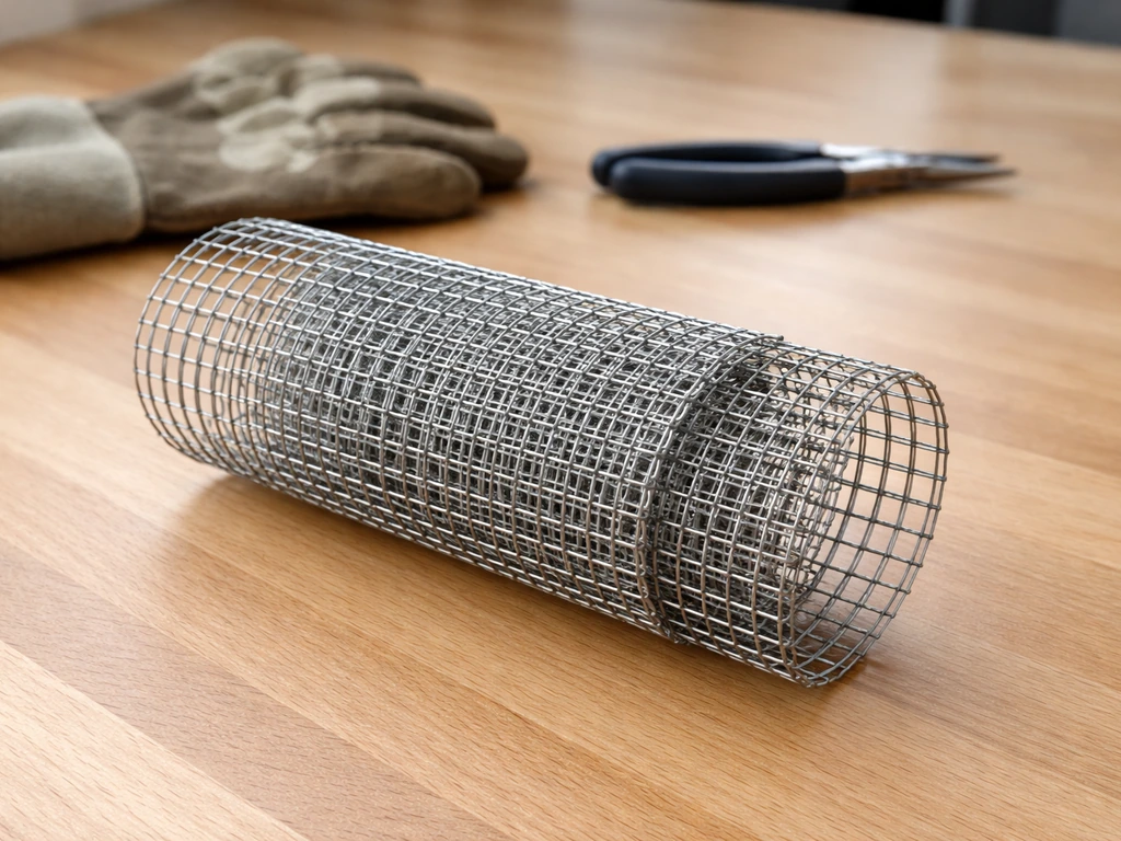 Wire mesh hardware cloth rolled into a cylinder with an overlapped seam on a wooden surface.