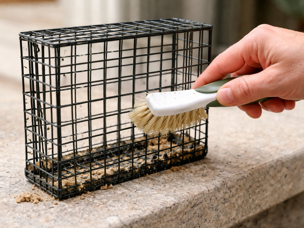 Hand scrubs sticky residue from an empty wire mesh cage feeder on a counter, with the base drained.