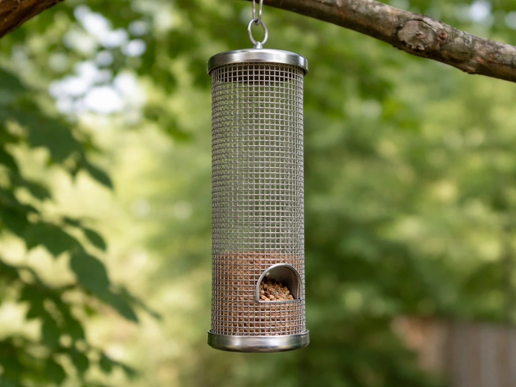 Cylindrical wire mesh bird feeder hanging from a tree branch with seed visible through the mesh.