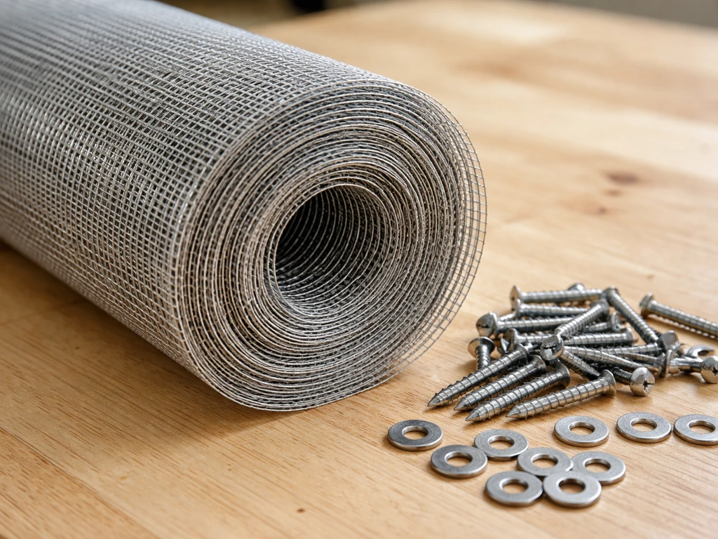 Close-up of a stainless steel hardware cloth roll with stainless screws and washers on a workbench.