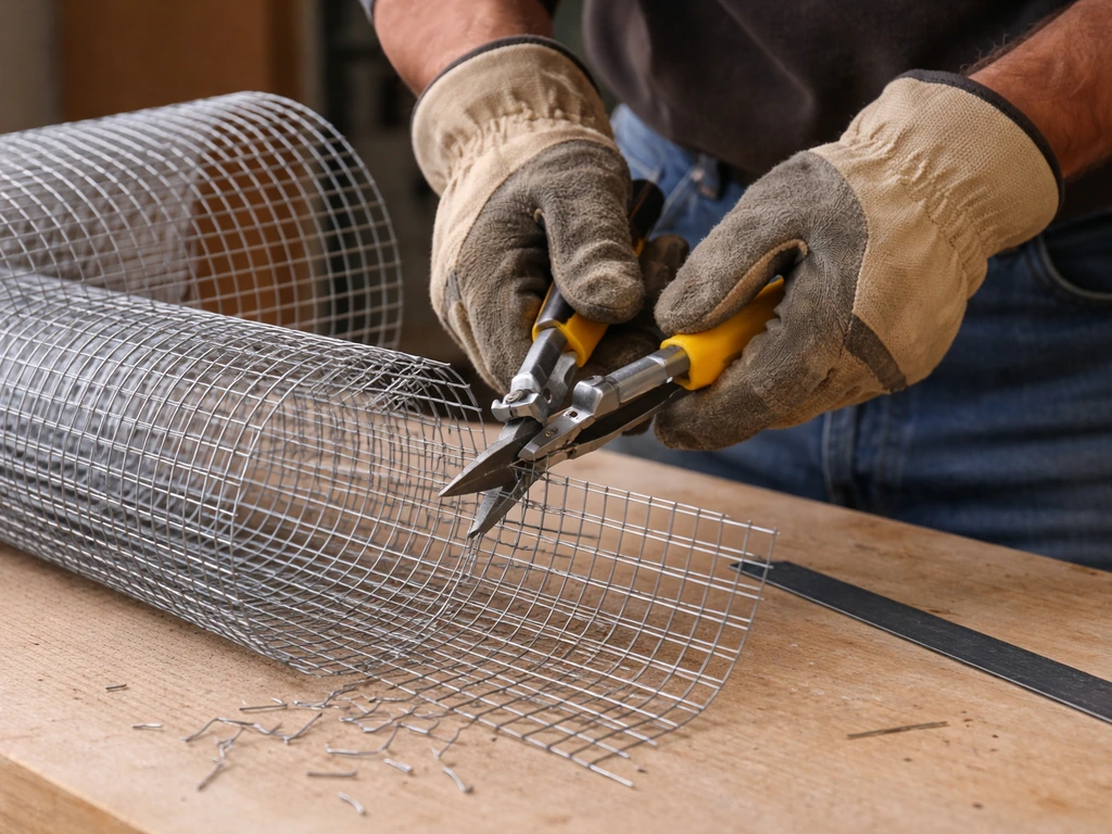 Gloved hands in safety glasses cutting hardware cloth, shaping it into a tube on a workbench.