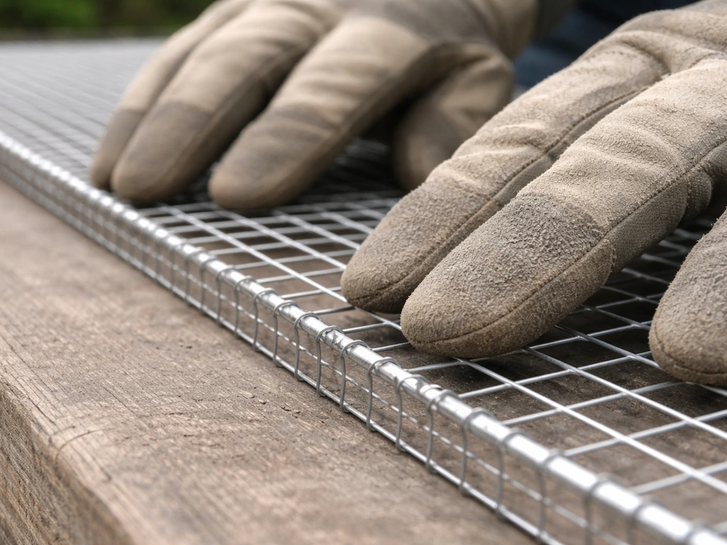 Gloved hands checking sealed wire edges on hardware cloth for bird safety.