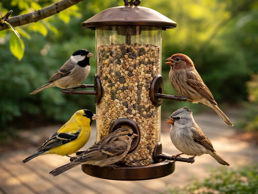 Close-up of a filled backyard bird feeder with several small birds feeding in natural light.