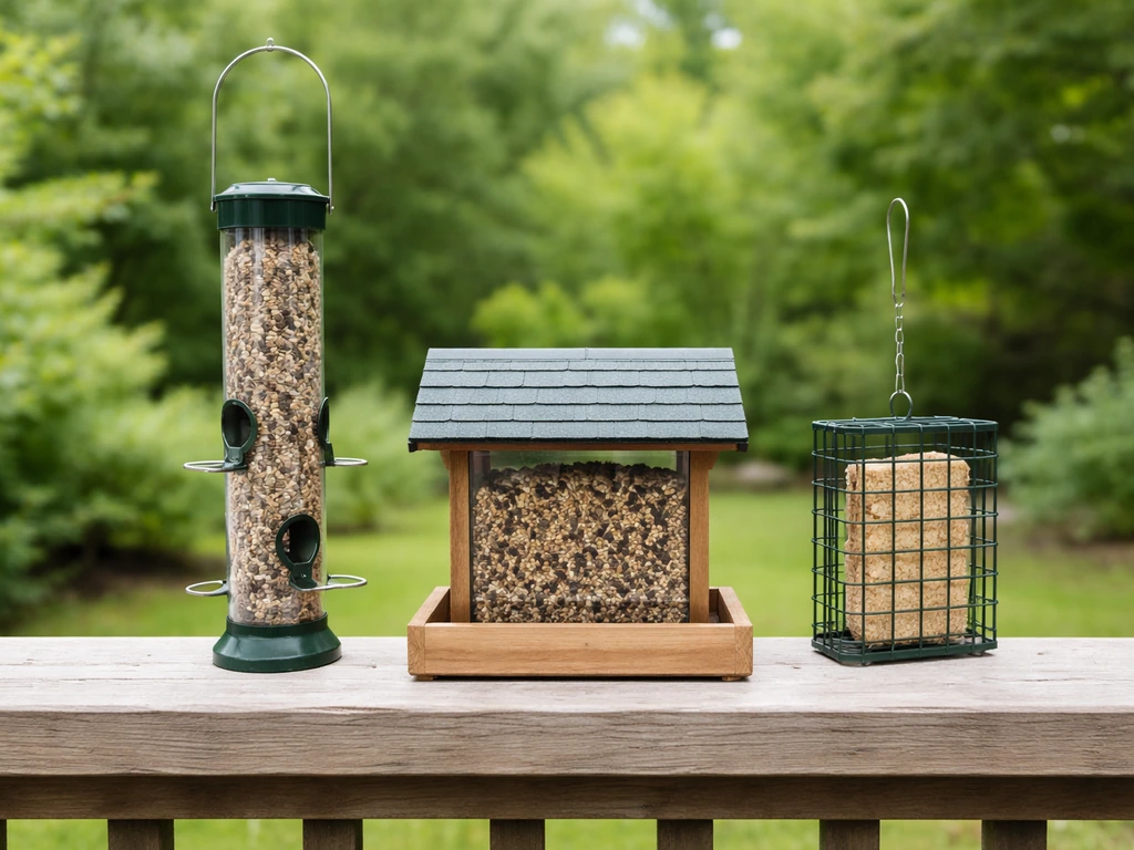 Side-by-side photo of tube, hopper/seed tray, and suet cage bird feeders on a patio rail.