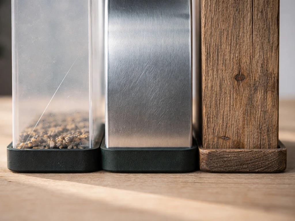 Three small bird feeder pieces side by side showing plastic, metal, and wood textures with mild wear.