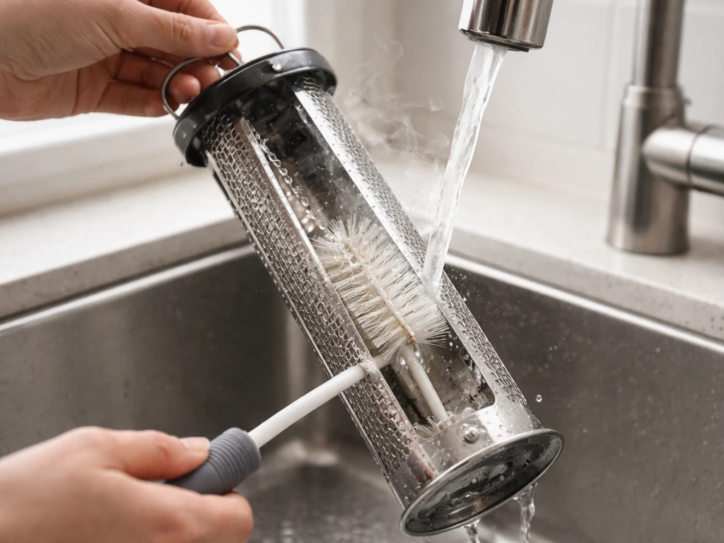 Hot water and a bottle brush scrubbing the inside of a seed feeder to show easy weekly cleaning.