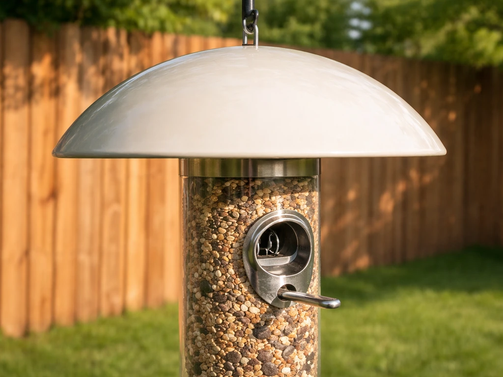 Close-up of a squirrel baffle dome over a feeder, with a visible weight-activated port-closure mechanism