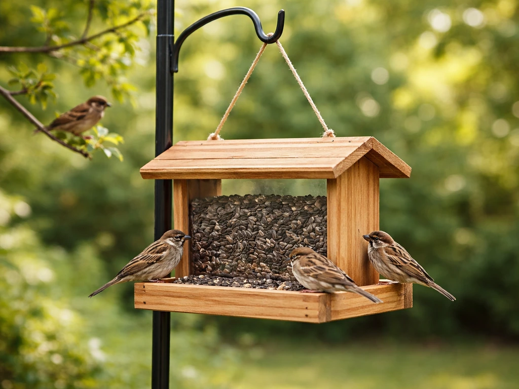Finished DIY sunflower-seed bird feeder filled with seeds, hanging outdoors with small birds nearby.