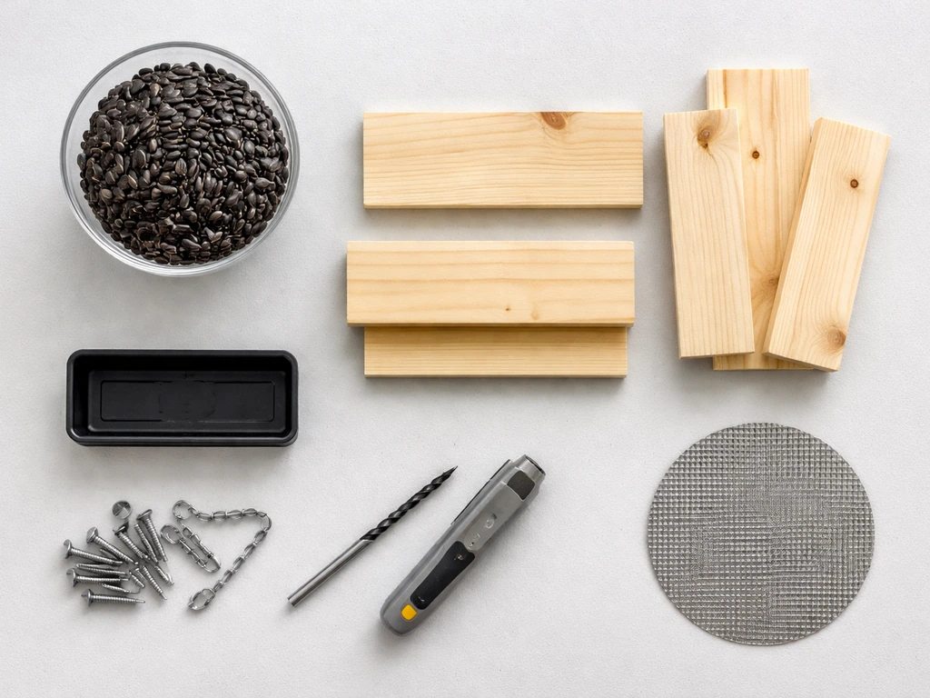 Flat-lay of black-oil sunflower seeds, wood feeder parts, hardware, and tools for building a bird feeder