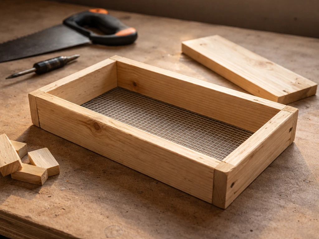 Close-up of a simple assembled wooden tray feeder with a visible drainage-screen bottom on a workbench