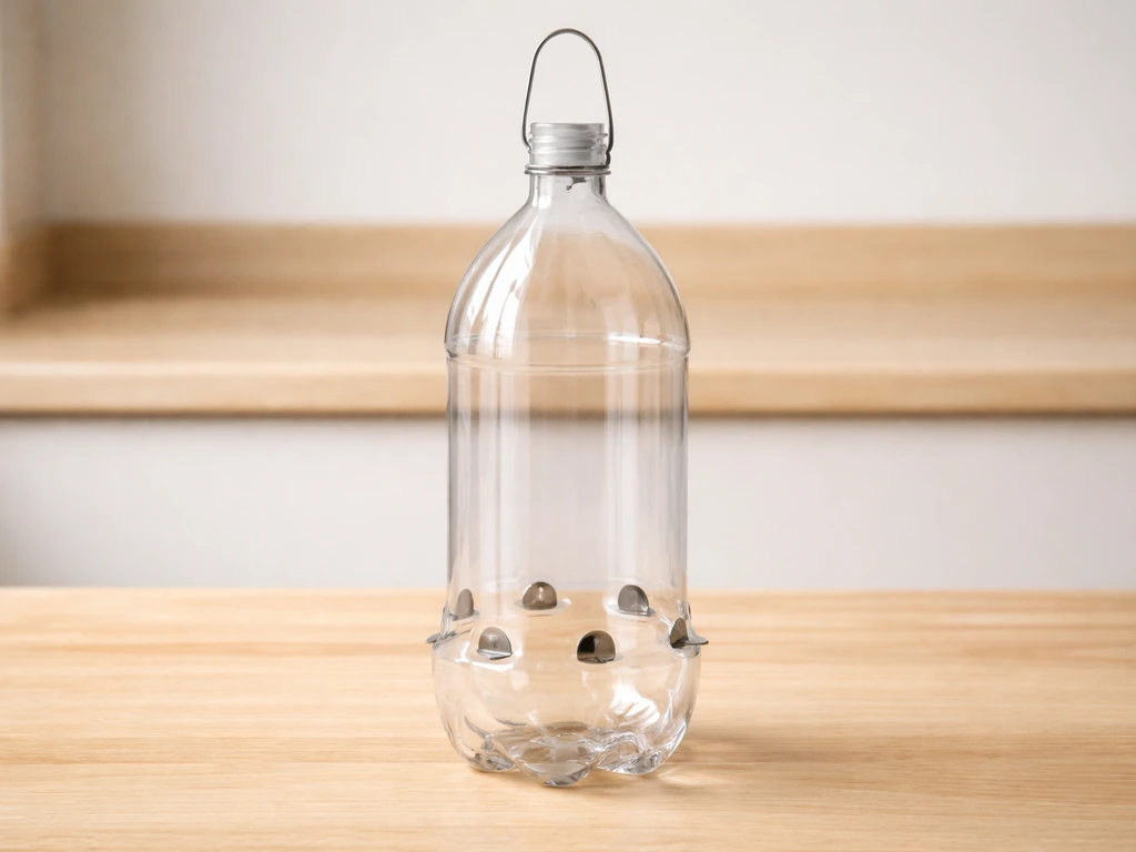 Clean 2-liter plastic bottle with cut feeding ports, positioned and ready to hang as a tube feeder