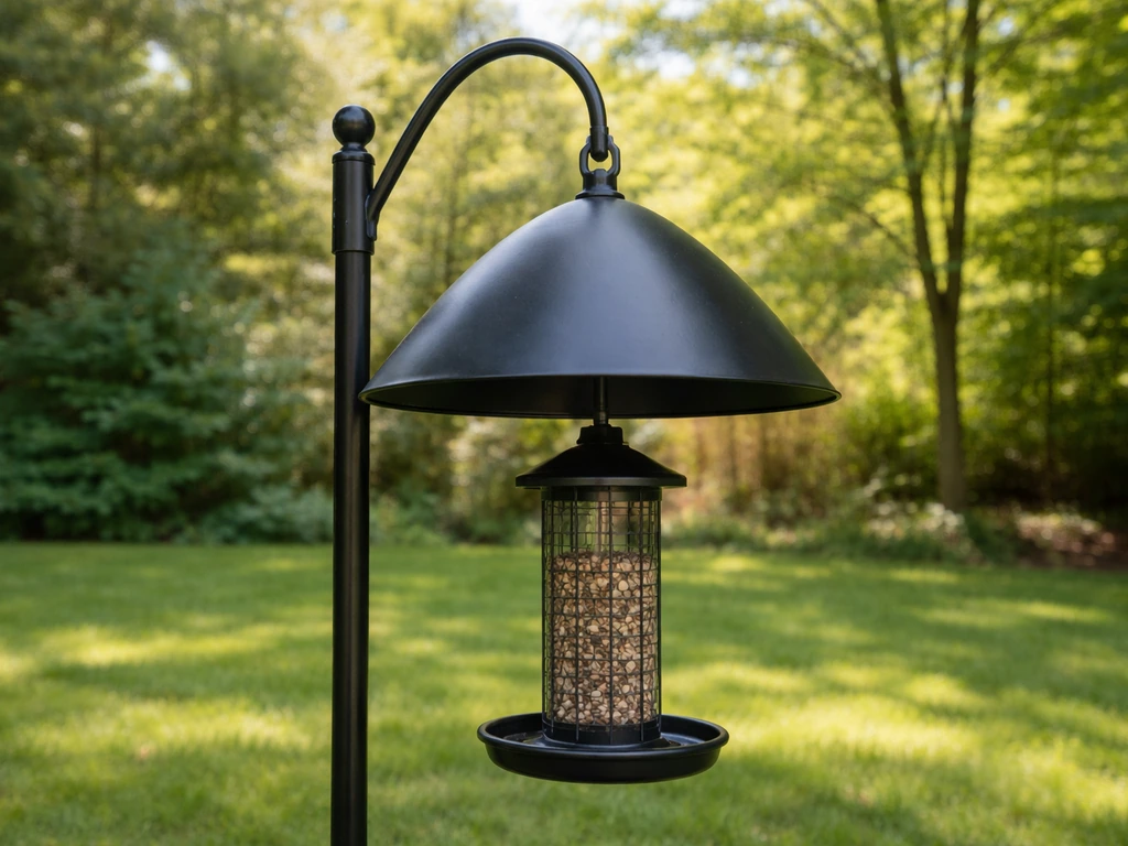 Cone-shaped squirrel baffle mounted on a bird feeder pole, showing clearance squirrels can’t reach.