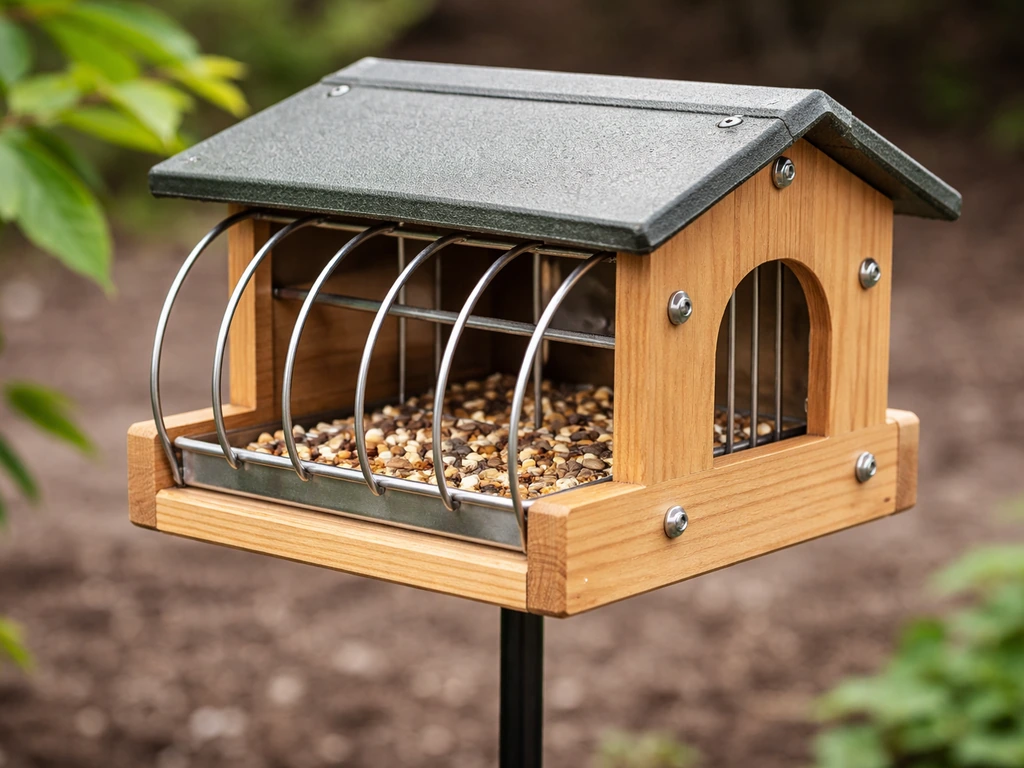 New dove-proof bird feeder on a garden stake with restricted entrance ports, ready for small songbirds