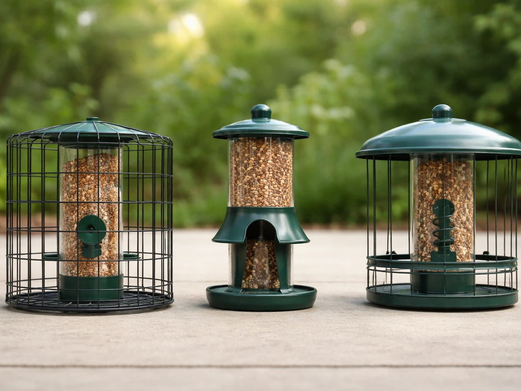 Three dove-resistant feeder setups—wire cage, restricted-port tube, and weight-activated shroud—in a quiet yard.