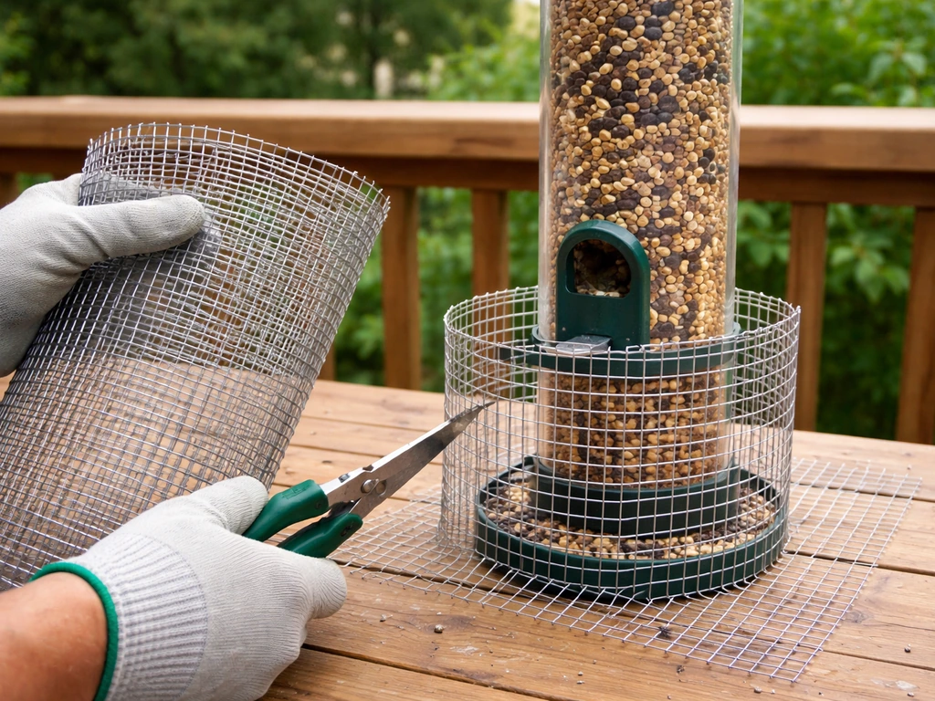 Close-up of hands measuring and cutting wire mesh around an outdoor tube bird feeder