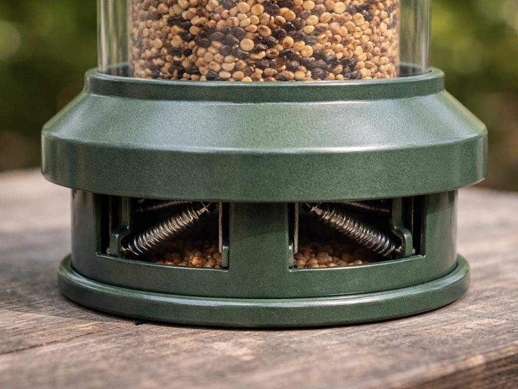 Weight-activated bird feeder shroud dropping to lock seed ports after a heavier bird lands.