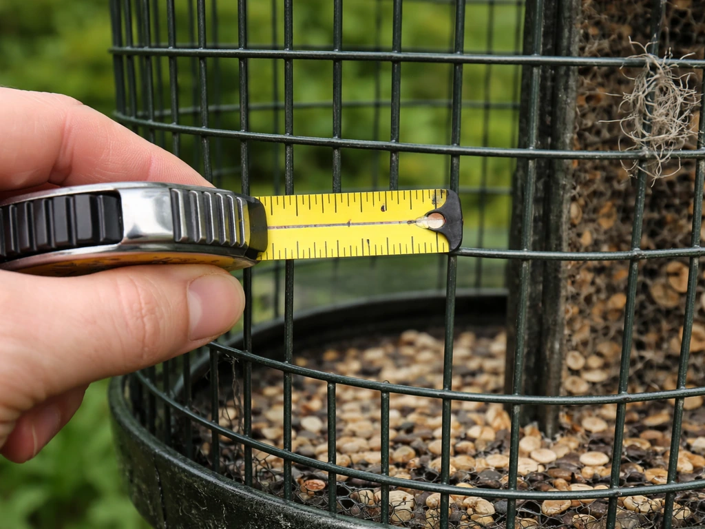 Hand measuring a wire mesh opening on a bird feeder, showing where gaps can exceed 1.5 inches.