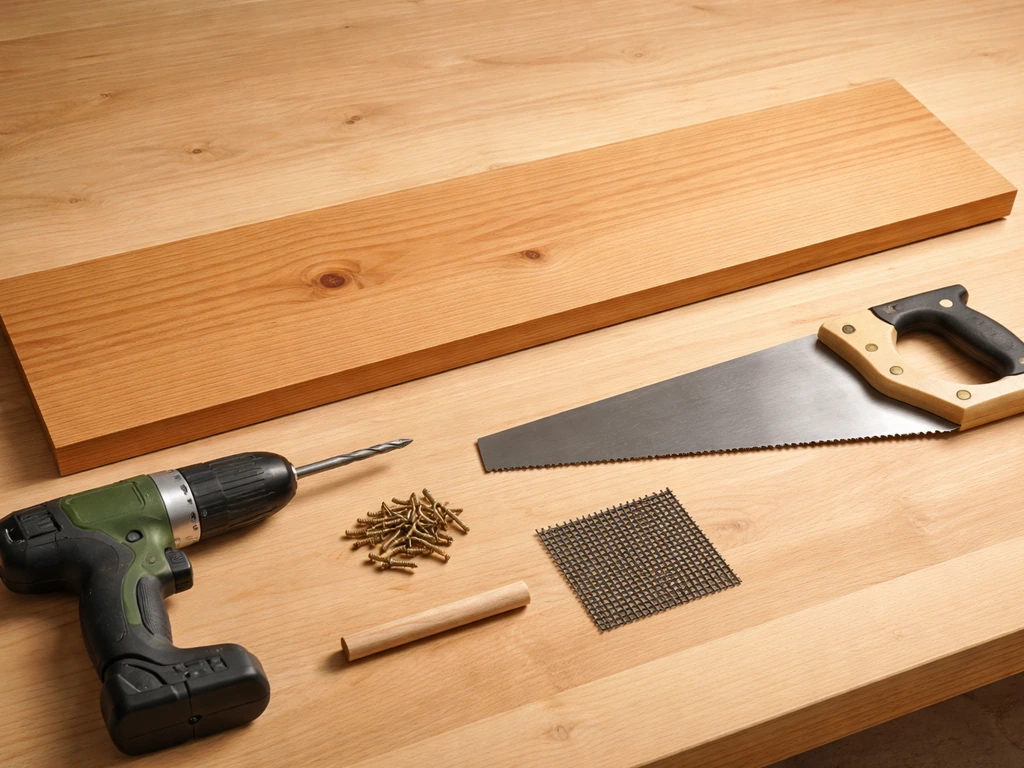 Cedar board, drill, hand saw, screws, perch dowel, and drainage mesh arranged on a workbench.