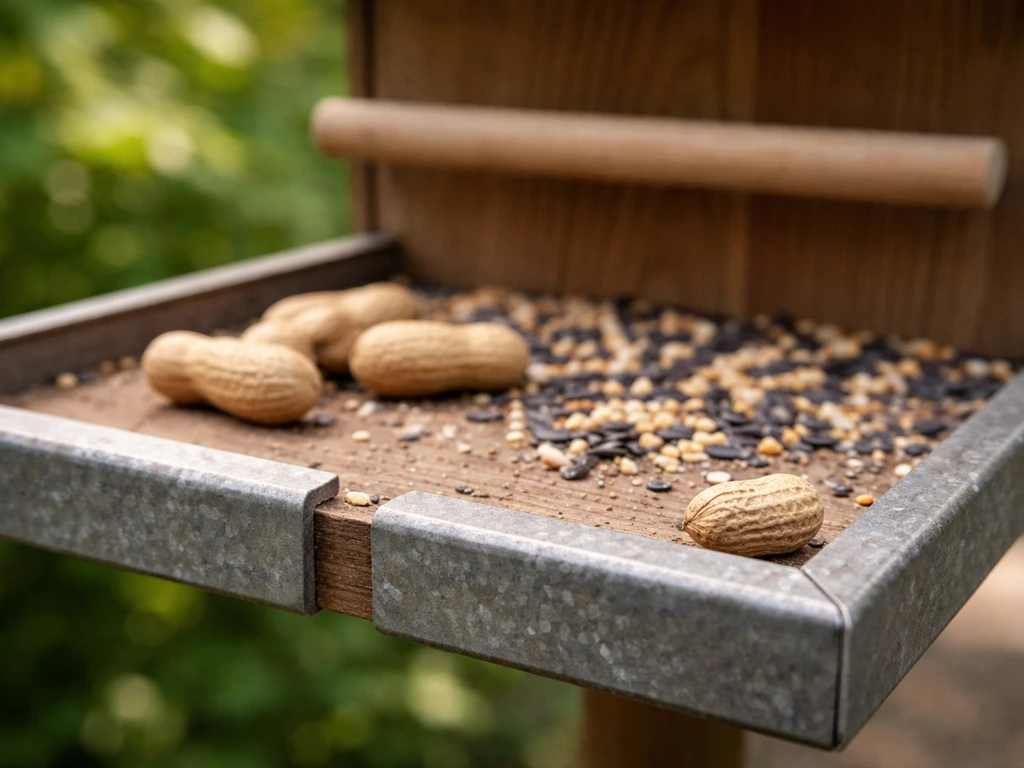 Close-up of a bird feeder rail used as a perch with peanuts and seeds on the platform