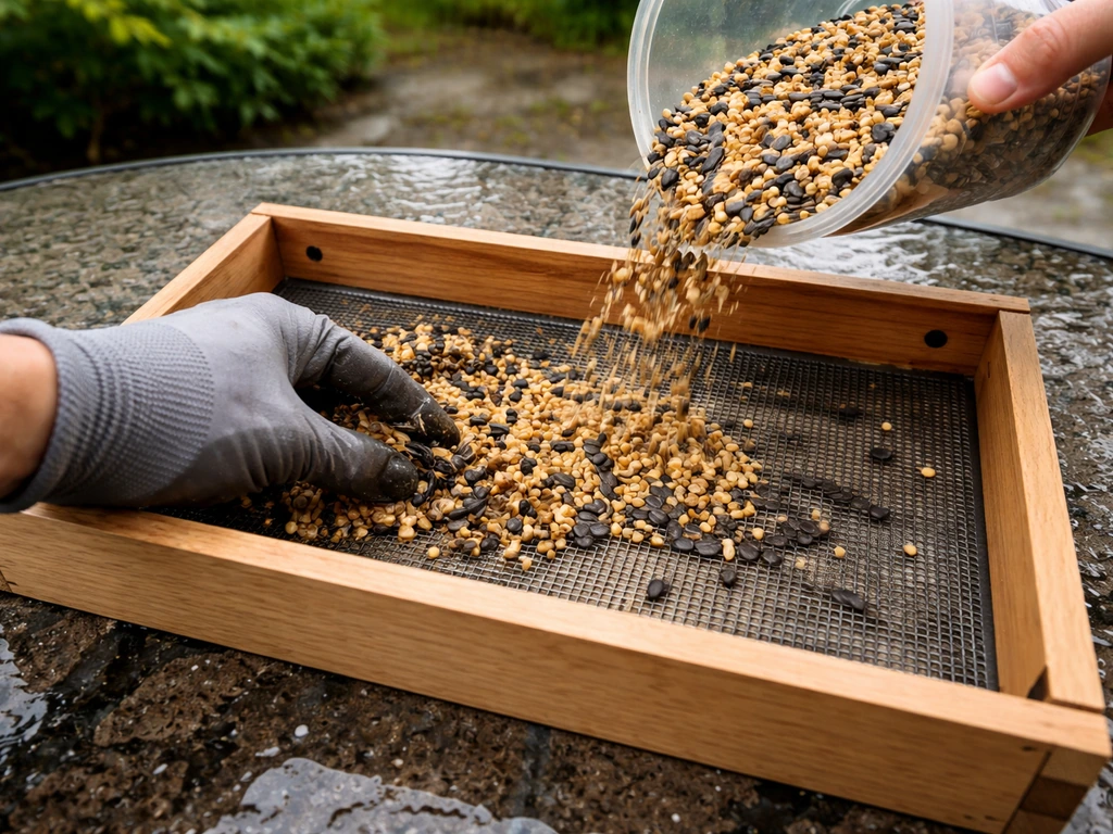 Open platform bird feeder on a patio with wet clumped seeds removed and fresh seed added.