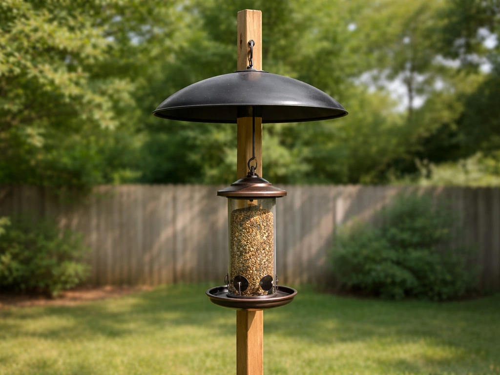 Pole-mounted dome baffle blocking squirrels around a hanging bird feeder in a quiet yard