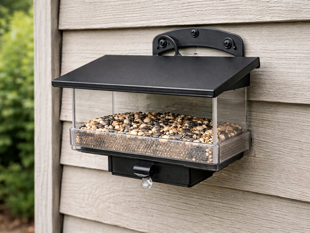 Finished wall-mounted bird feeder on an outdoor wall with tray seed and drainage/clean-out detail visible.