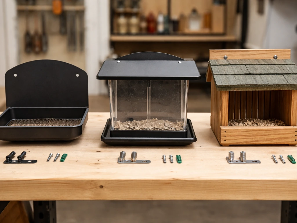 Side-by-side close-up of tray, hopper, and wood/metal wall-mounted bird feeder options on a bench