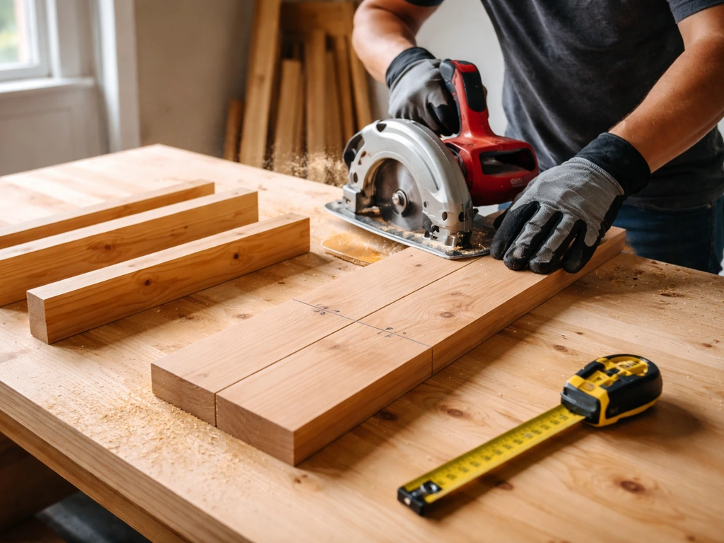 Cutting cedar 1x6 pieces on a workbench for a wall-mounted feeder, with measuring tape visible.