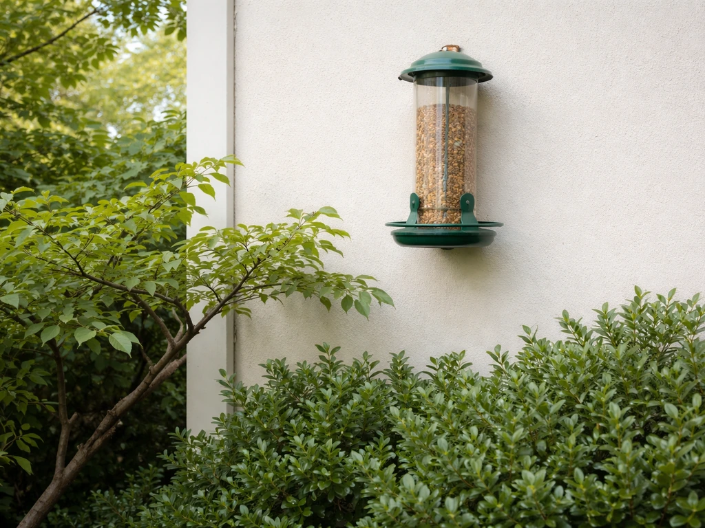 Bird feeder mounted on a wall at about 5 feet with nearby shrubs and tree cover for safe landing.