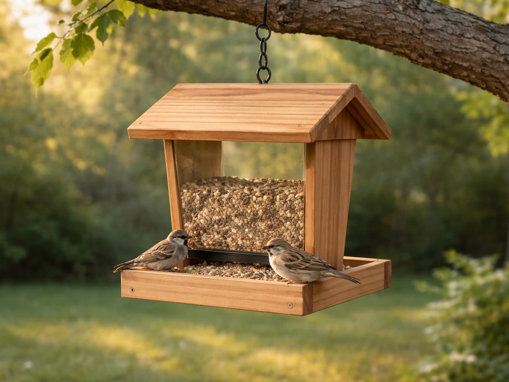 A DIY hopper bird feeder hanging from a branch with small birds feeding from the tray.