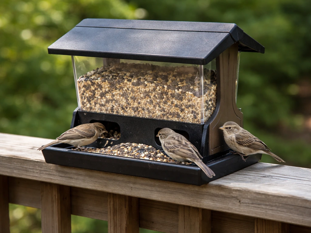 A hopper bird feeder with visible seed chamber and tray, with a few small birds perched nearby.