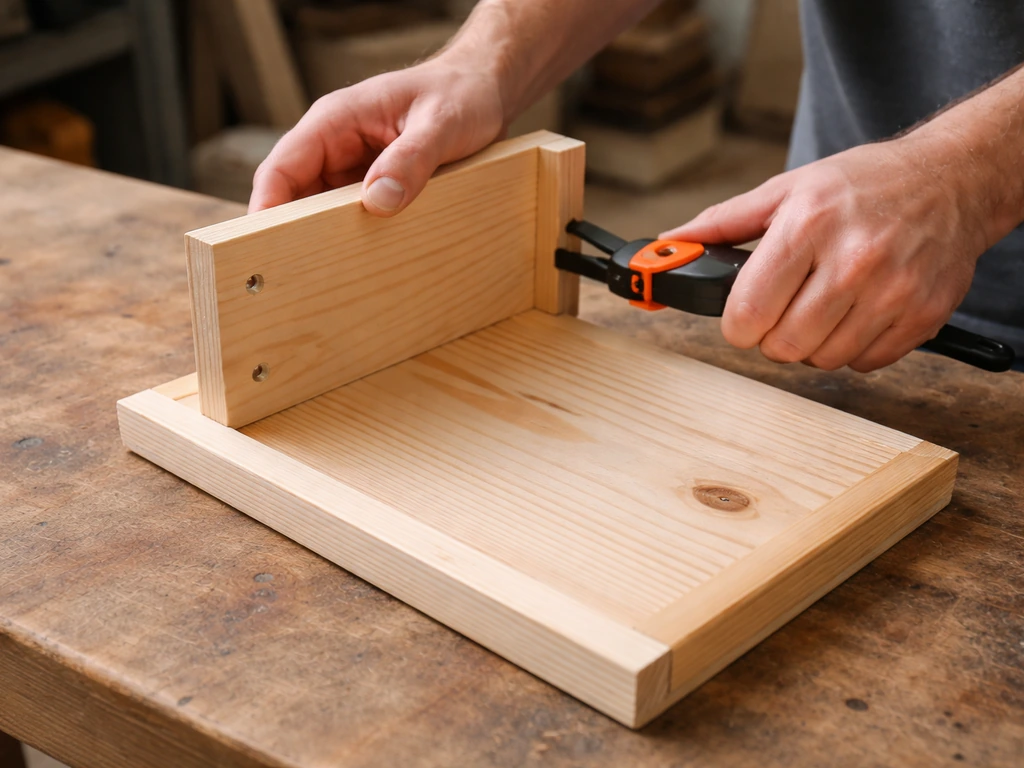 Close-up hands assembling a wooden hopper feeder base tray on a workbench