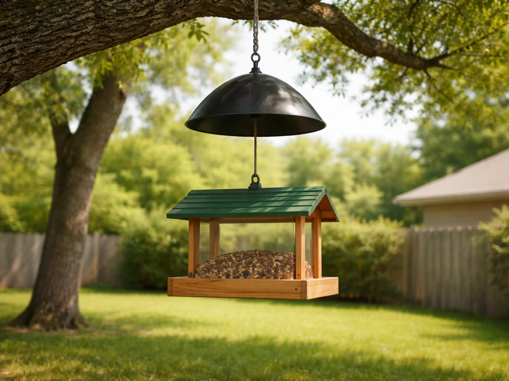 Low-angle view of a bird hopper feeder at proper height with a squirrel baffle and clear obstacle spacing.