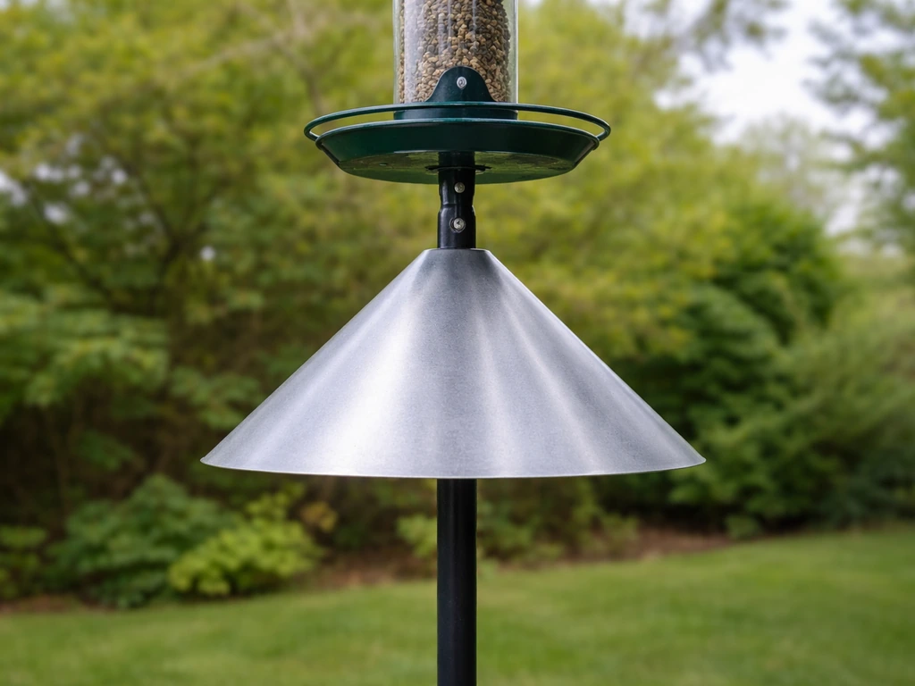 Conical metal squirrel baffle clamped to a bird feeder pole, with seed tray area secured from pests.