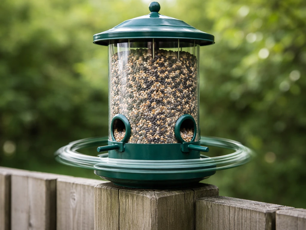 Outdoor spinning bird feeder on a fence post with visible rotating perch ring and seed ports.